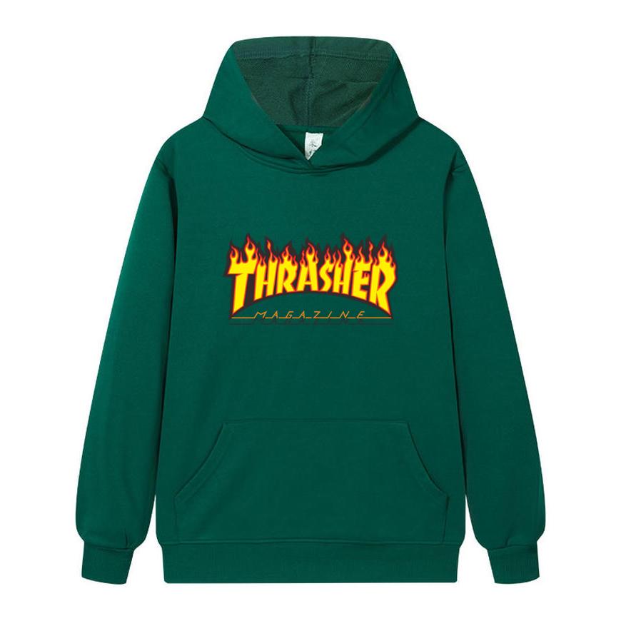 W02-1 Unisex Thrasher Flame Print Hoodie Men Casual Loose Long Sleeve Hooded Sweatshirt Streetwear Pullover