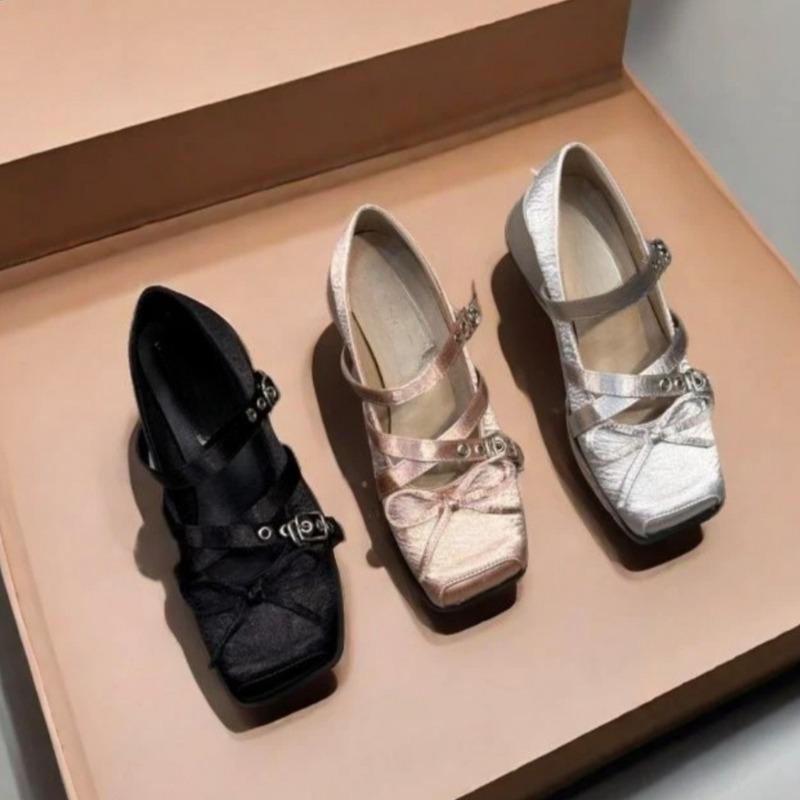Fashion Summer Square Heel Shoes Women's Fashion Square Head Shallow Cut Satin Butterfly Knot Rivets Metal Buckle Non-slip Kitten Heels