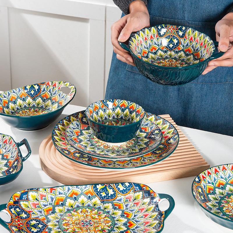 Bohemian Relief Ceramic Plates, Rice Bowls, Handle Baking Pans, Soup Bowls, Snack Plates, Fish Plates, Hand-painted Tableware