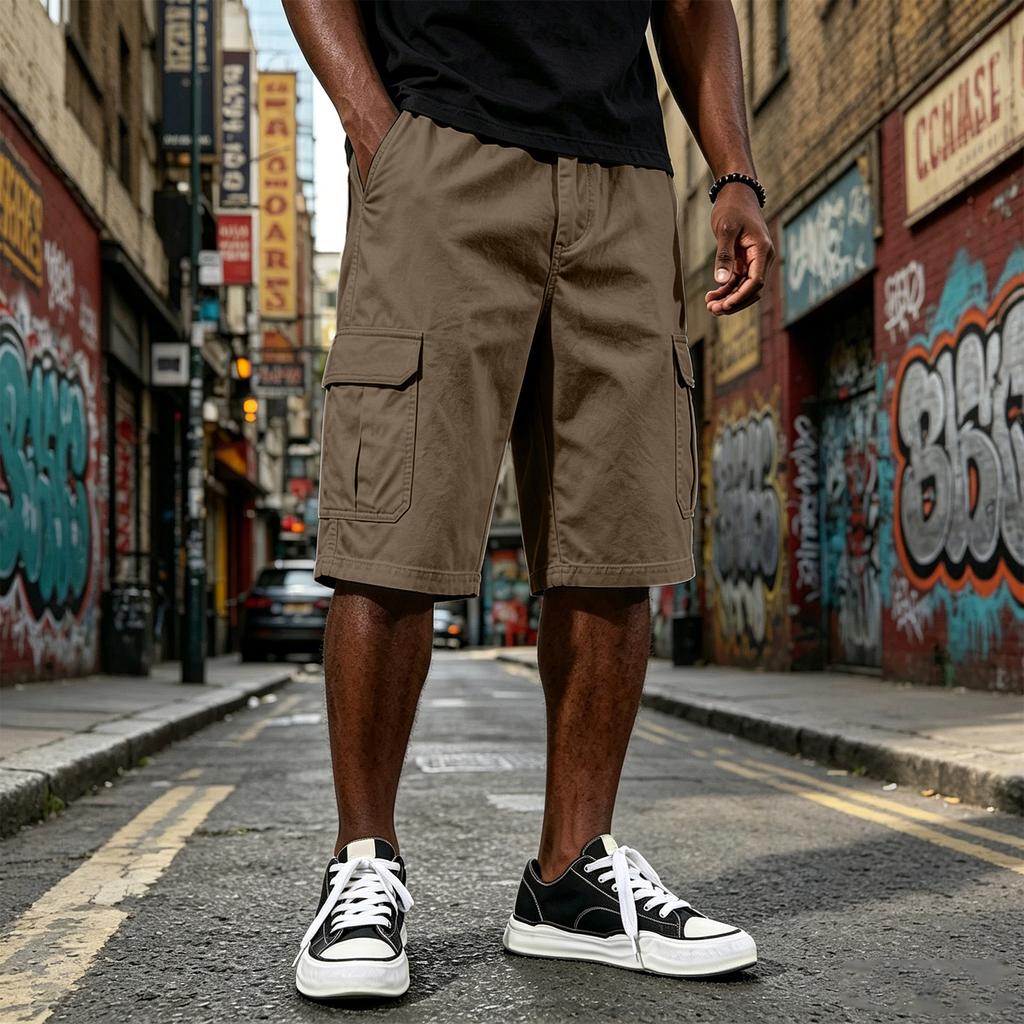 Men Drawstring Waist Relaxed Fit Cargo Shorts Multiple Pocket Casual Knee Length Shorts for Outdoor and Daily Wear