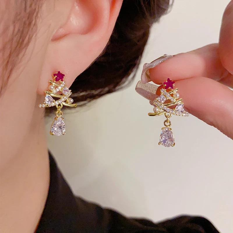 Huitan Red/Green Christmas Tree Design Women's Dangle Earrings Gold Color Gorgeous Female Earrings for Christmas Party Zircon