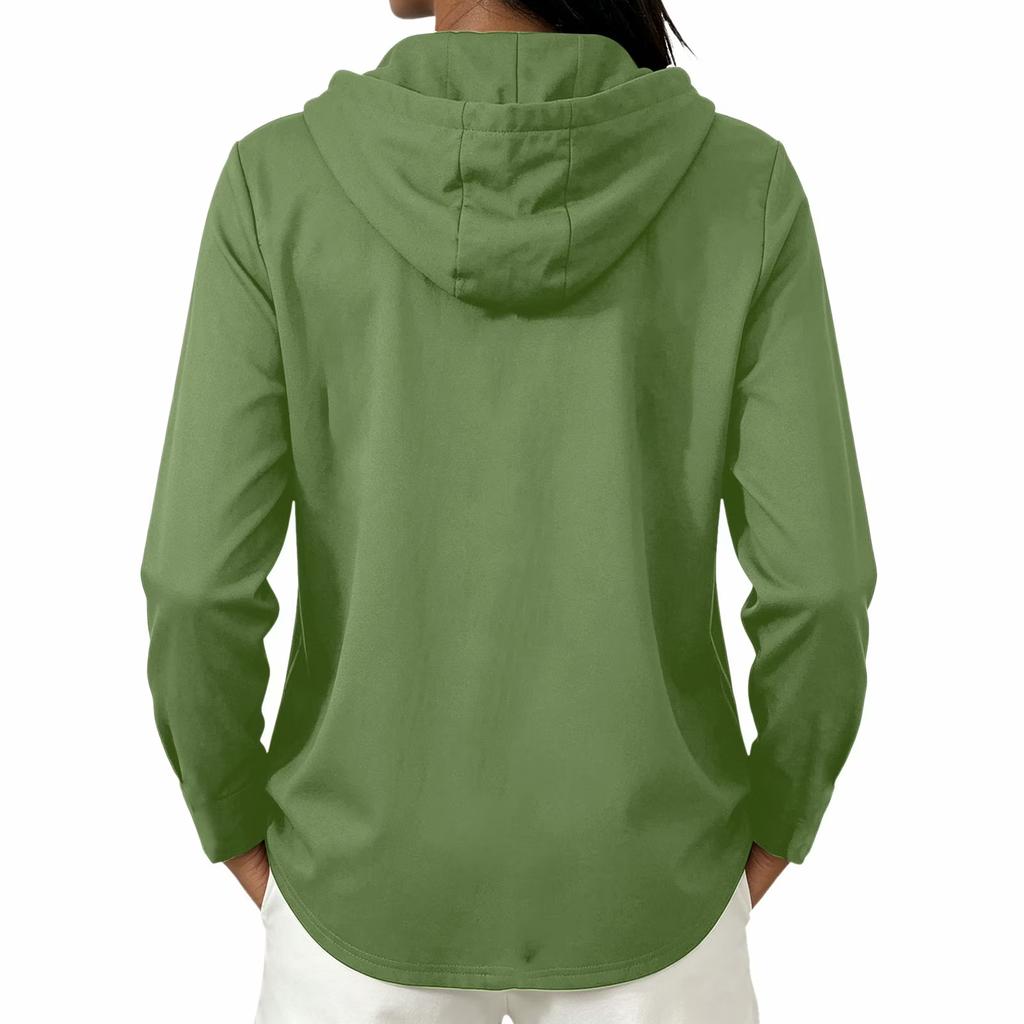 Women's Color Hooded Long Sleeve Button Down Cardigan Loose Fit Casual