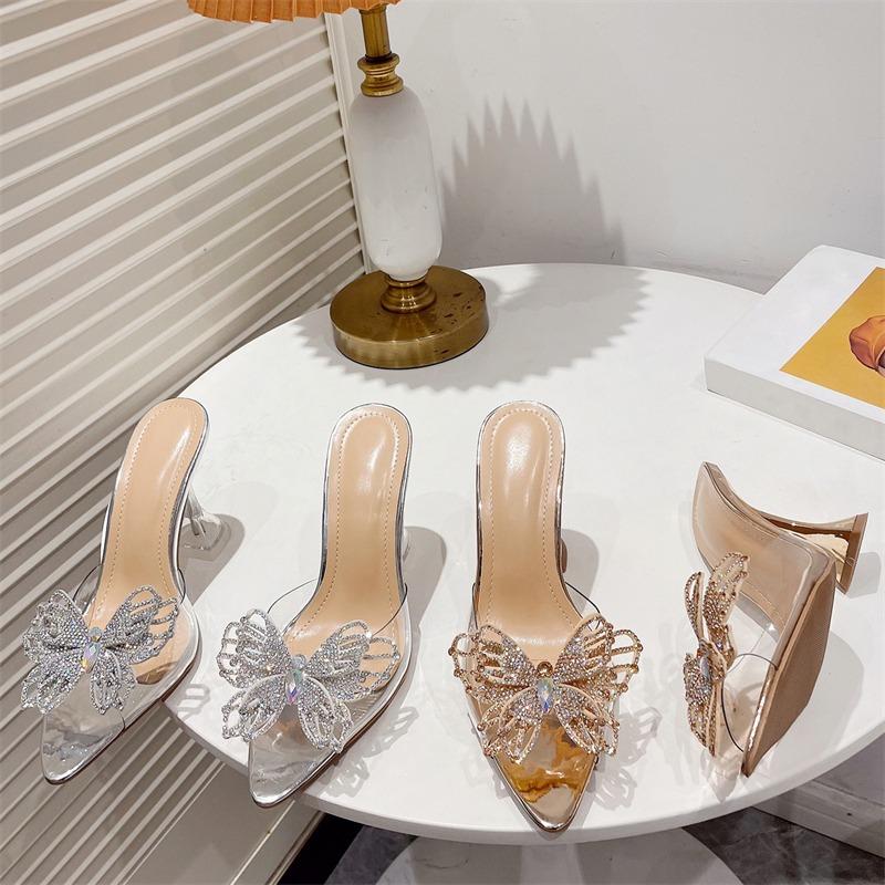 Pesstwei Sandals Street Mules Shoes Crystal Women Pumps Transparent High Heels Size 35-41