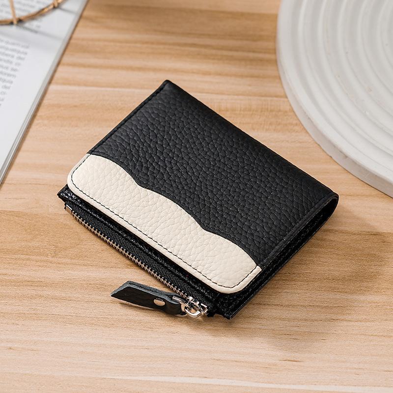 Женский кошелек из натуральной кожи, сложенный в два счета, женский кошелек, женский кошелек на молнии, небольшой кошелек с RFID, с браслетом, брелоком чёрный