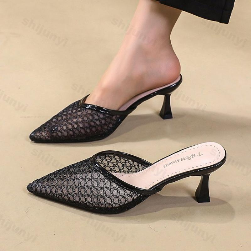 Fashion Women Slippers Summer Pointed Toe Breathable Thin Heels Sandals 2025 Fashion Mesh Closed Toe Outdoor Dress Slippers Plus Size 41