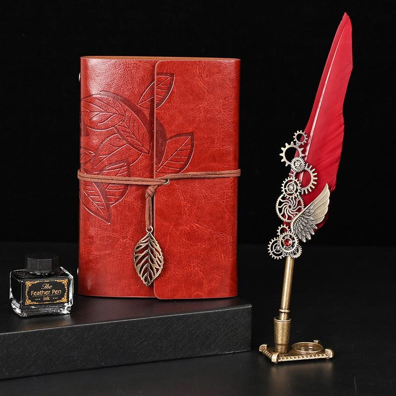 Vintage Feather Dip Pen Set With Notebook Creative Gift Students Teachers Business Use