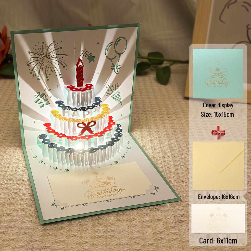 Dźwiękowa kartka urodzinowa 3D Pop-Up ze światłem do nagrywania - Wzór tortu na prezent dla chłopaka/dziewczyny