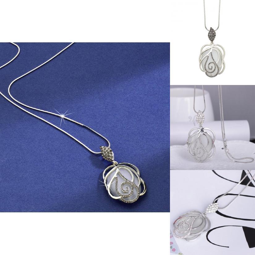 Elegant Korean Style Long Sweater Necklace With Rose Pendant And Platinum Finish