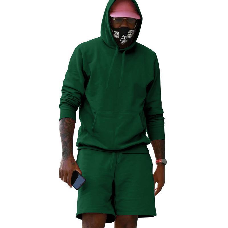 Men's Fleece Hoodie Shorts Two-piece Loose Solid Color Casual Sports Men's Suit