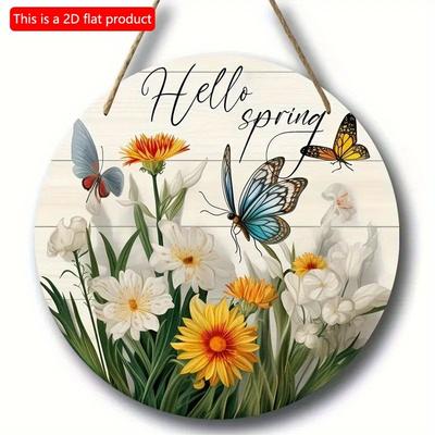 Panneau rond en bois à suspendre, motif papillons et fleurs colorés et brillants, 2D plat, 20 x 20 cm, 1 pièce, Hello Spring, pour café, salon et cuisine