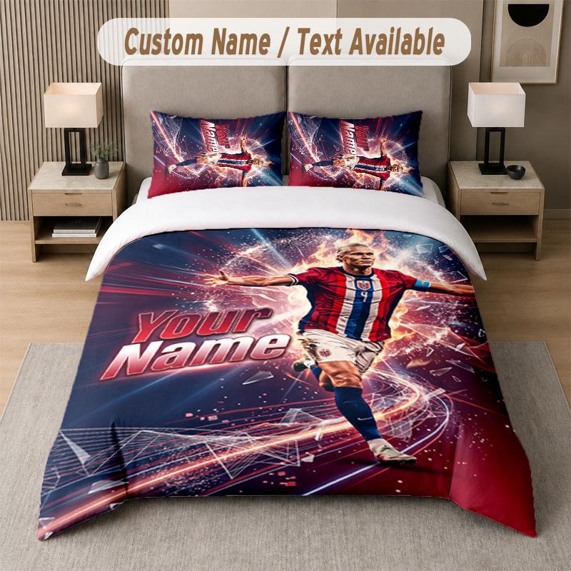 Custom Bedding Set Erling Haaland Pattern, Print Name Text 1 Duvet Cover Plus 2 Pillowcases Home Textile