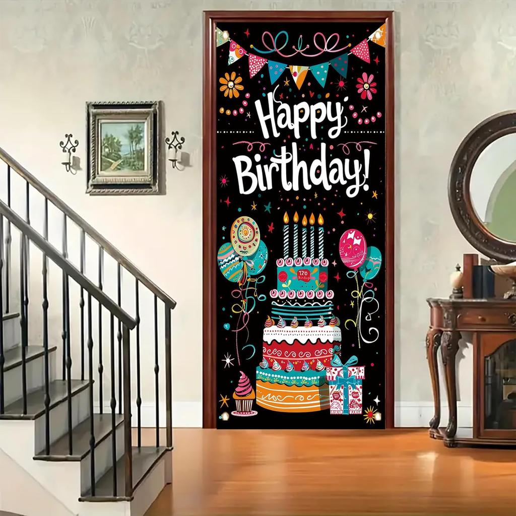 Birthday Door Cover Banner Colorful Cake Balloon Banner Party Decoration Hanging Backdrop for Kids Adults Birthday Celebration Entrance Photography