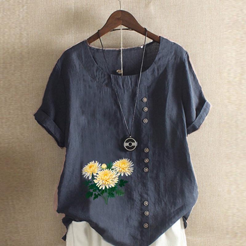 Women's Fashion Chrysanthemum  Prined Round Neck Short Sleeve T-shirt Casual Cotton Linen Graphic Shirt Leisure Loose Summer Blouse Tops