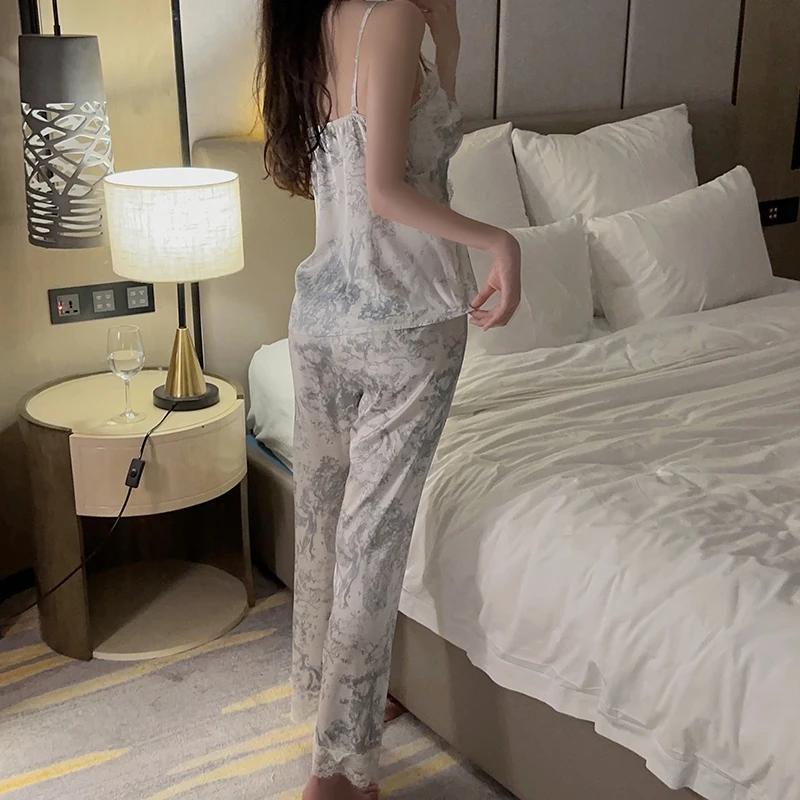 Lounge Wear Women's Lounge Wear Autumn Deep V Top with Padded Printed Satin Lace Trousers For Women Jacket Pajamas