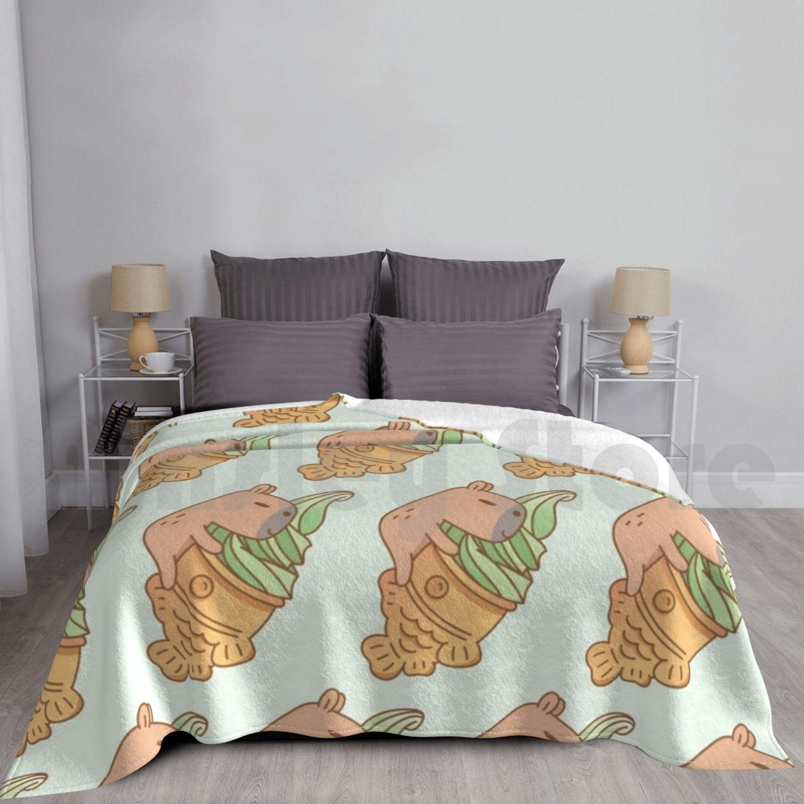 Blanket Capybara With Matcha Taiyaki Ice Cream 70 Capybara Taiyaki Ice Cream Summer Food Size: 75*100cm, Weight: 230 GSM