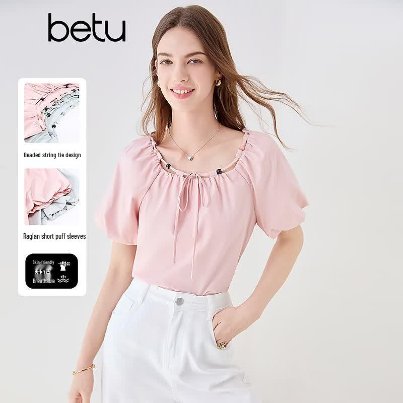 Baitu Women's Summer Beaded Tie-String Puff Sleeve Blouse