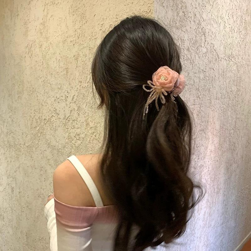 Netting and Crystal Fringe, Rose Flower Side Hairpin, Soft and Fairy-like Style, Women's Hair Accessories, Claw Clip, Hairpin