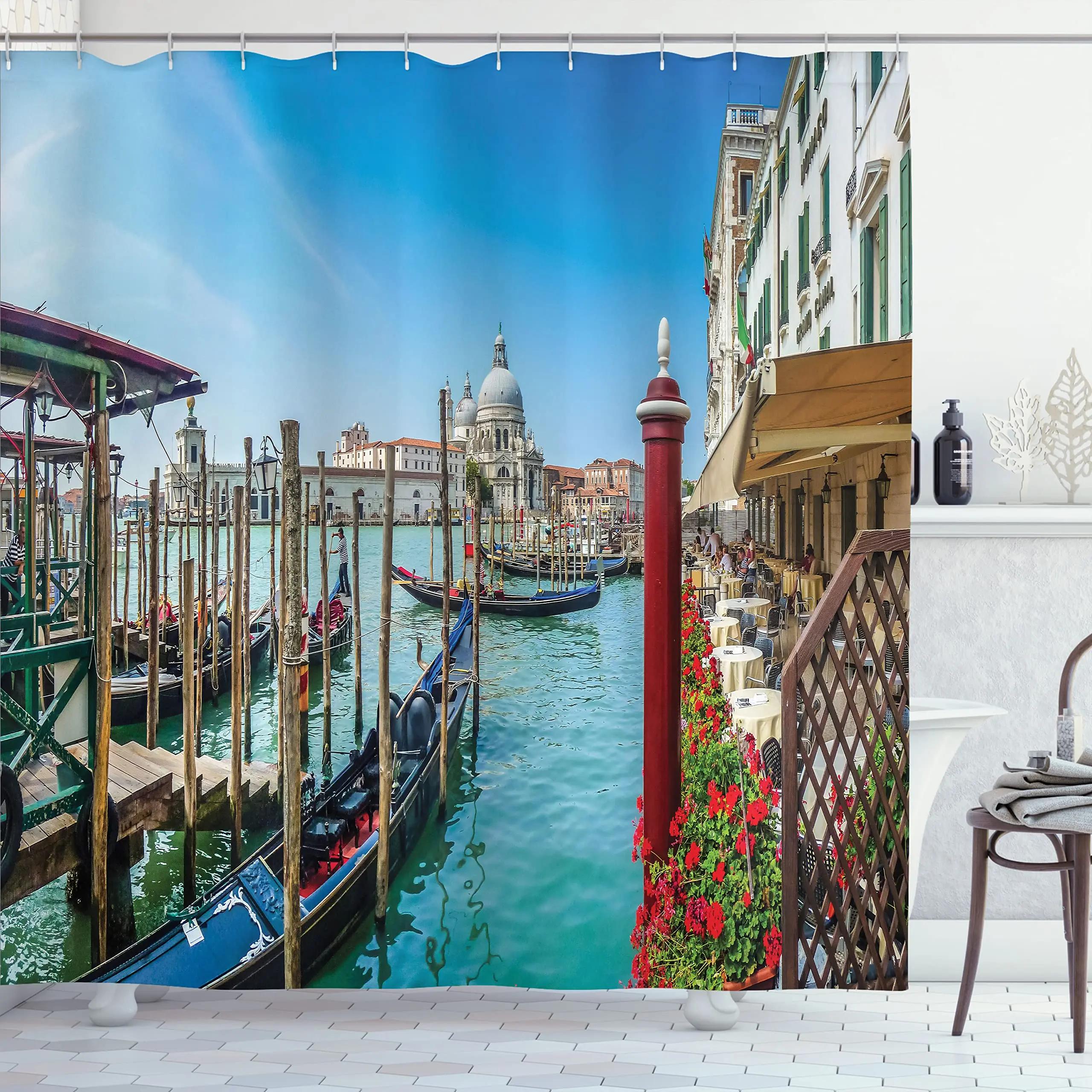 

European Cityscape Shower Curtain Italy Venice Canal Print Shower Curtain Bathroom Decor Waterproof Polyester Fabric With Hooks W60H190(CM)-1 Pcs