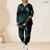 Women Plus Size Black Blue Printed Nurse Scrub Set V Neck Long Sleeve Pocket Top Long Pants