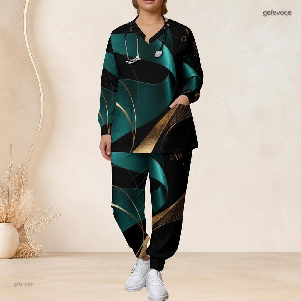 Women Plus Size Black Blue Printed Nurse Scrub Set V Neck Long Sleeve Pocket Top Long Pants