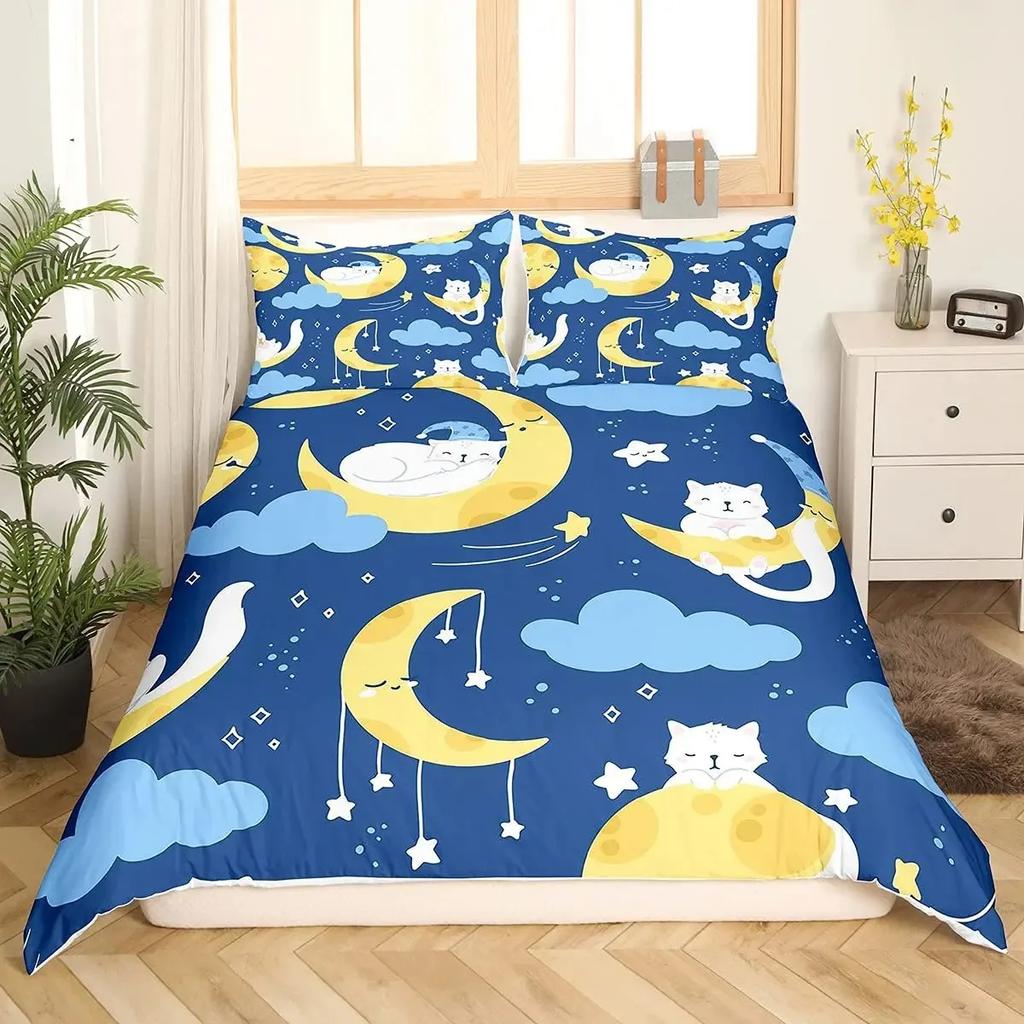 Rainbow Cat Butterfly Duvet Cover Set King,Watercolor Tie Dye Planet Galaxy Outer Space Bedding Set Shiny Golden Glitter Bed Set