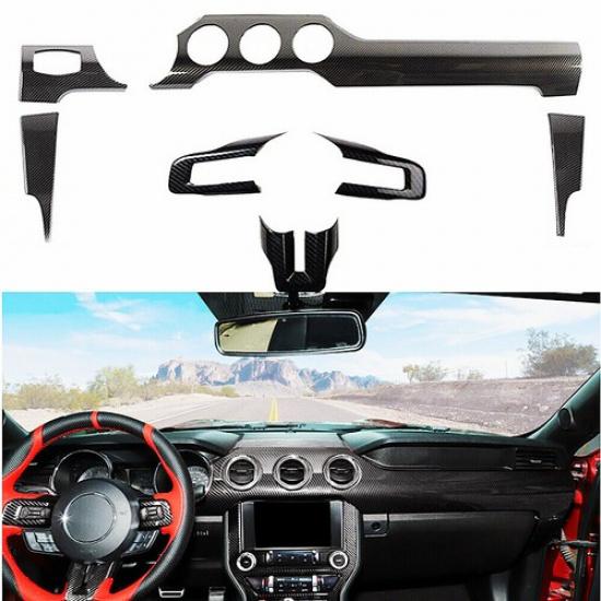 7x Carbon Fiber Steering Wheel Dashboard Panel Trim Cover Kit For Ford Mustang