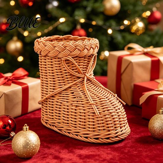 Retro Pastoral Organizer Boots Shaped Imitation Rattan Storage Basket Hand Woven Decorative Container Large Capacity Reusable for Christmas Desktop