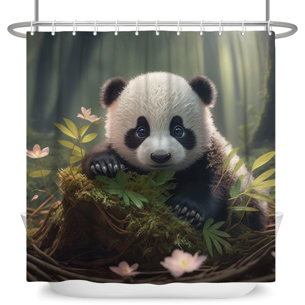 Niedliche Panda Duschvorhänge Grüner Bambus Kinder Badezimmerdeko Heim Badvorhänge Wasserdichtes Polyestermaterial Mit 12 Haken