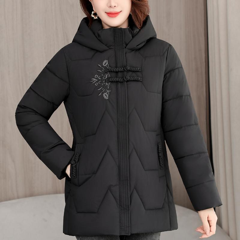 Middle Age Women's Winter Jackets Hooded Embroidery Casual Thick Parka Female Warm Coat