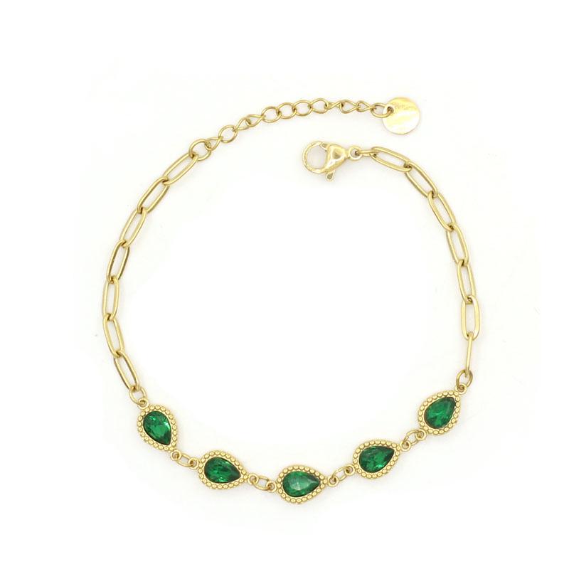 Elegant Gold-Plated Stainless Steel French Bracelet with Green Zirconia