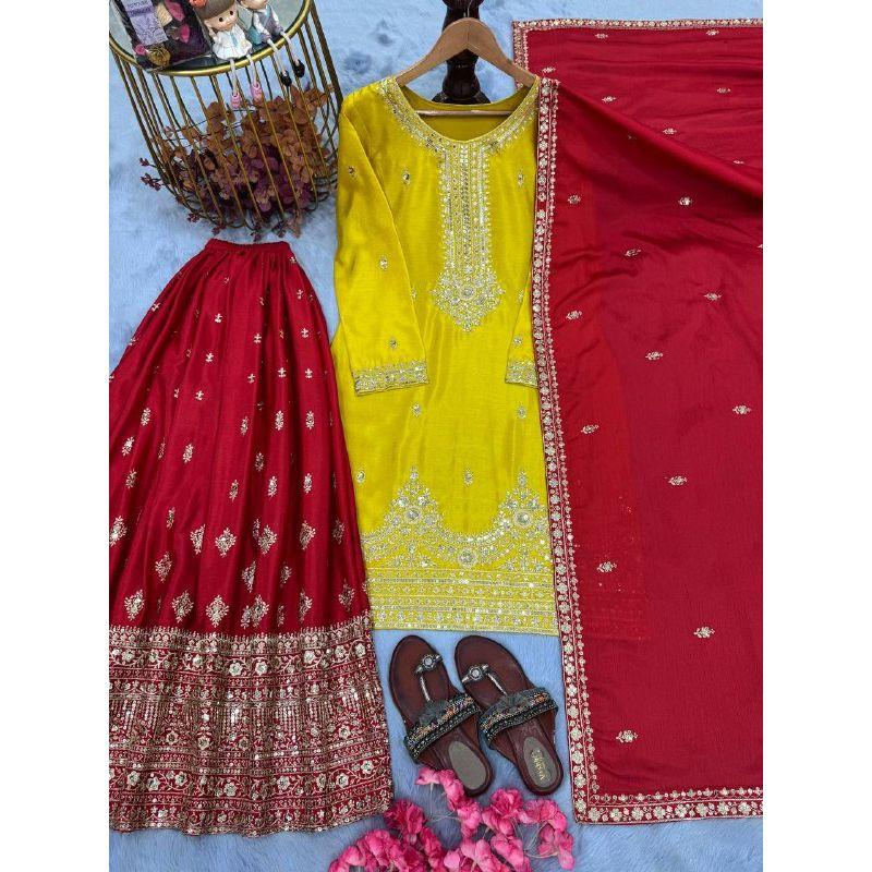 Launching New  Đěsigner Party Wear Look Pur Chinon Silk Top Plazzo & Dupatta Set