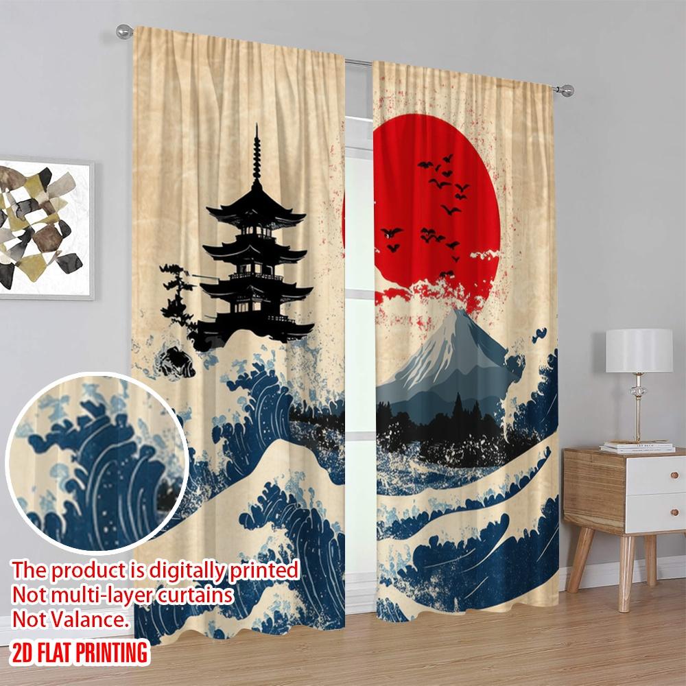 2 szt., druk płaski 2D Zasłona Popularna Japońska Spokój 100% Poliester (bez pręta) Dekoracja Domu Idealna do Salonu i Kuchni