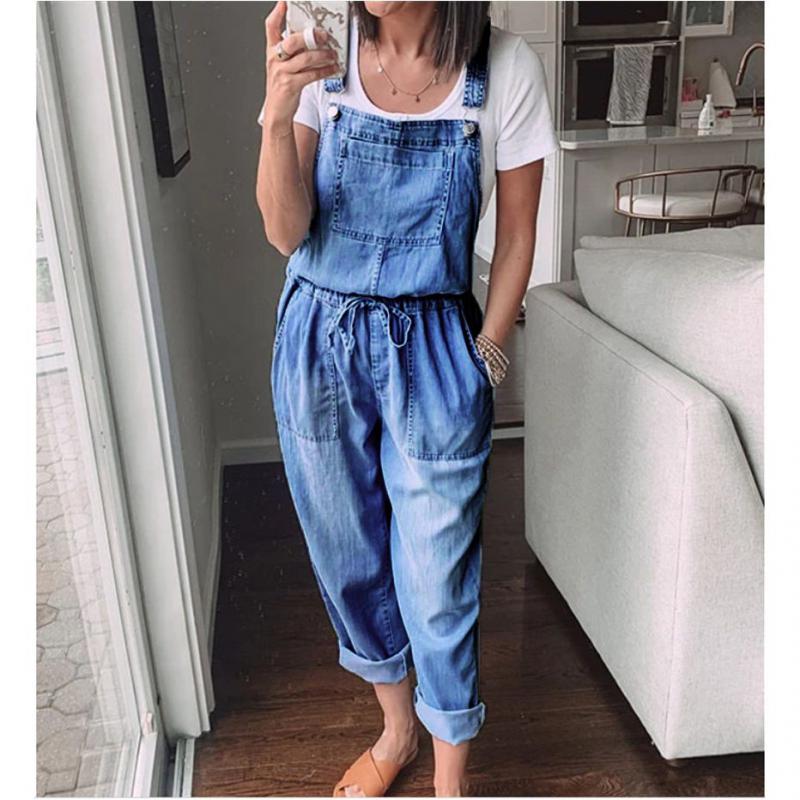 Fashion Women Ladies Baggy Denim Jeans Bib Full Length Pinafore Dungaree Overall Solid Loose Causal Jumpsuit Pants