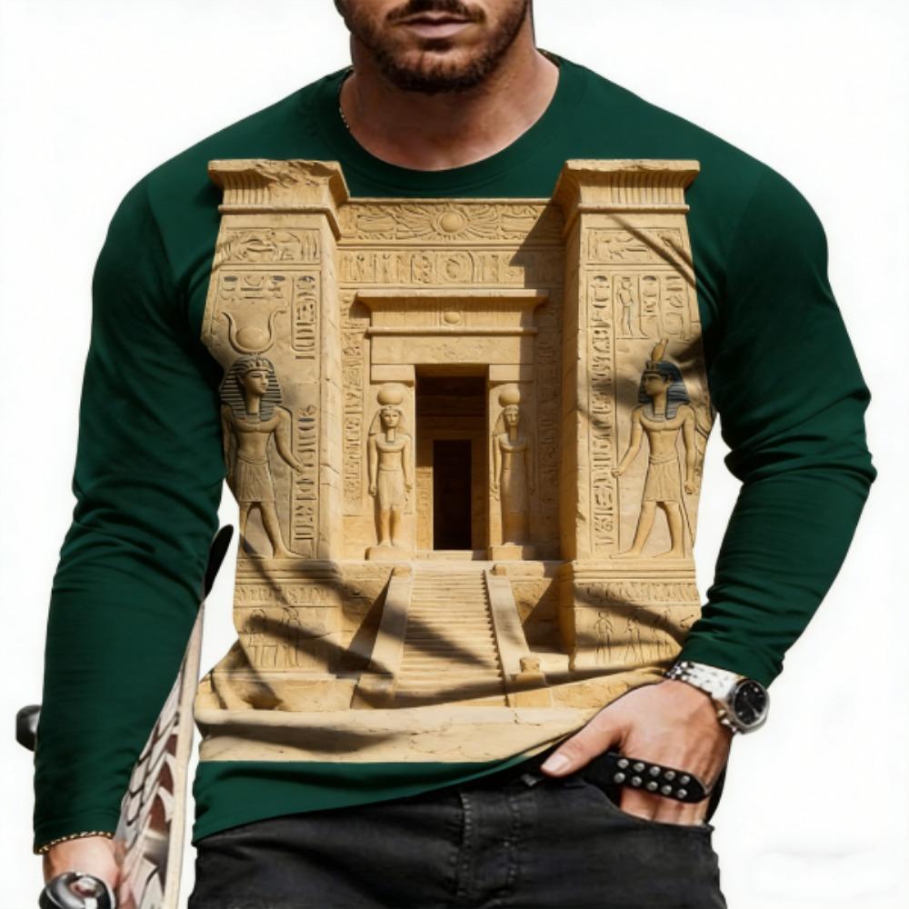 Spring Europe America Men's T-shirt Fashion Hieroglyphs Print Pullover Comfortable Men's Long Sleeve T-shirt Outdoor Oversized Tees Top