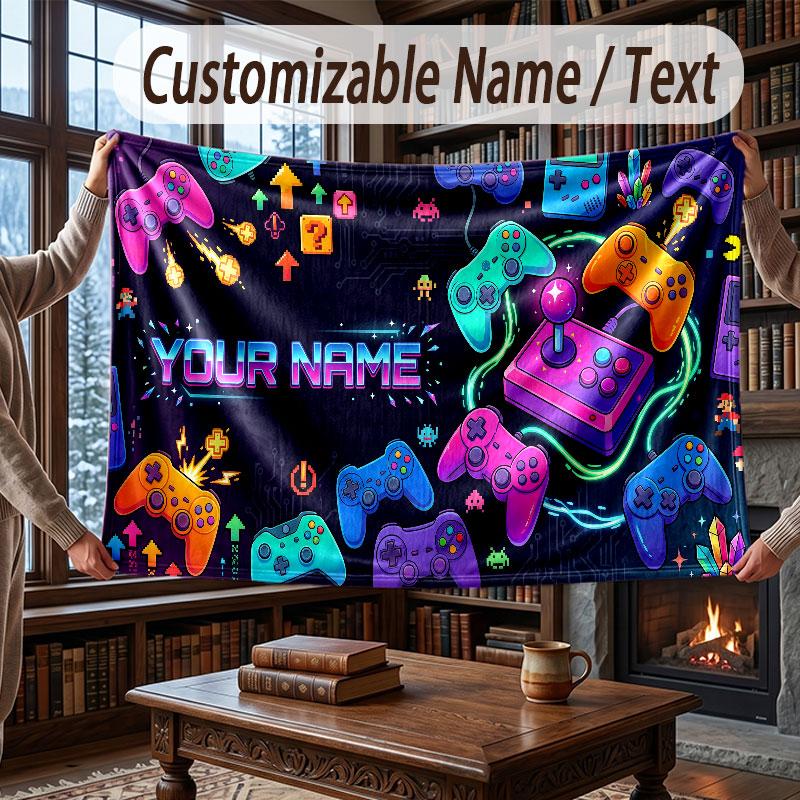 Game Controller Theme Throw Blanket Custom Name Text Personalized Blanket Soft Cozy Blanket for Home Sofa Bed