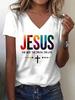 Jesus Rainbow Letter Print V-Neck T-Shirt, Casual Daily Wear, Gift Option