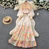 Elegantes europäisches zweiteiliges Set: Oberteil mit Laternenärmeln und Knöpfen & High-Waist Netzrock mit Print