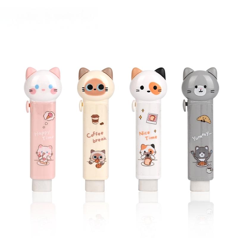 1/4pcs Cartoon Cat Town Eraser Mini Kitty Push Type Rubber Erasers for Pencil Cleaning Stationery School Student