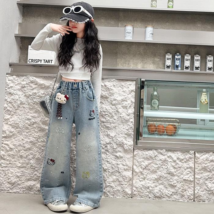 Girls' Cartoon Wide-Leg Jeans - Stylish Spring/Autumn Pants 2026