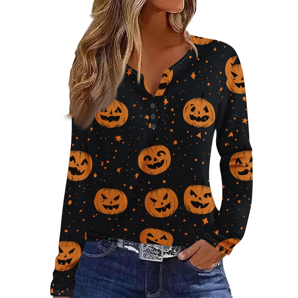 Women's Halloween Print V-Neck Long Sleeve T-Shirt with Decorative Buttons Casual Top