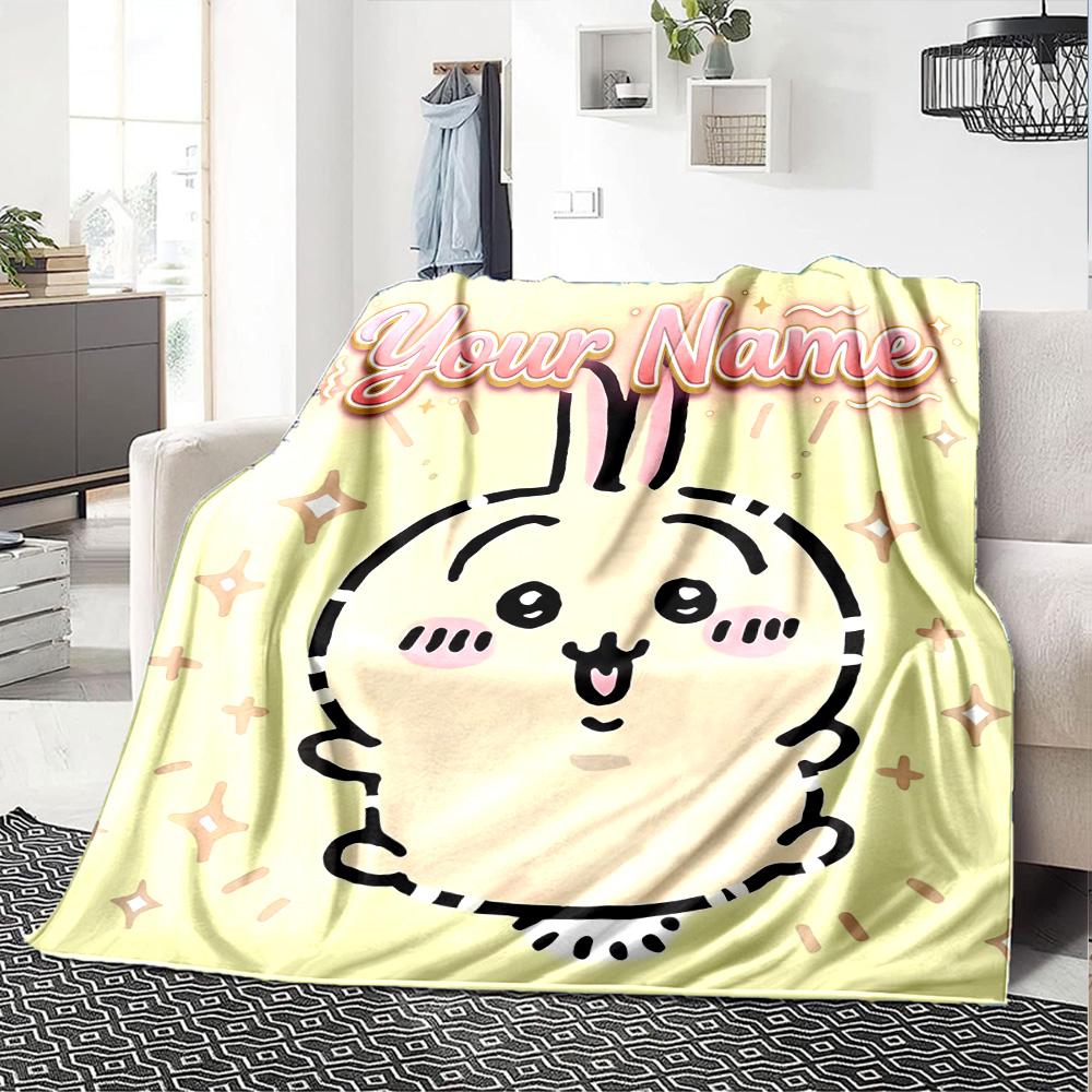 1pc Chiikawa Blanket with Custom Name, Gift, for Men and Women, Soft Blanket, Good for Sofa Bed Couch Travel, Lightweight Flannel Blanket