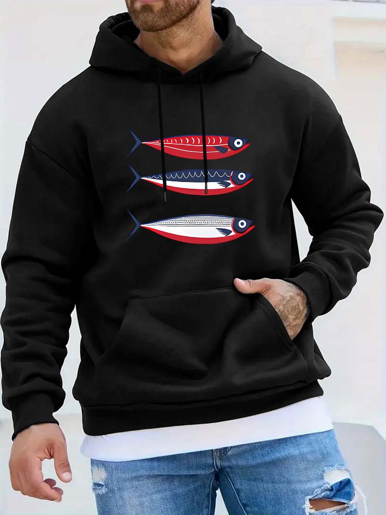 Three Sardines Fun Seafood Foodie Vintage American Style T-Shirt Print Streetwear Casual Sport Outdoor unisex Hoodie Long Sleeve Sweatshirt unisex Top