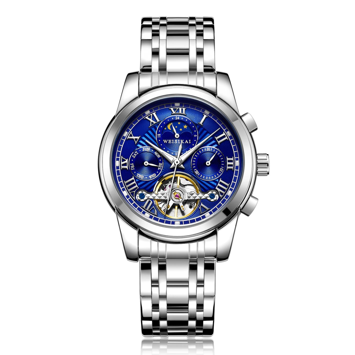 

WEISIKAI 6028 Мужские часы Новые ТОП Бренд Роскошные Мужские часы с коробкой Водонепроницаемые Светящиеся Автоматические Мужские Механические часы синий