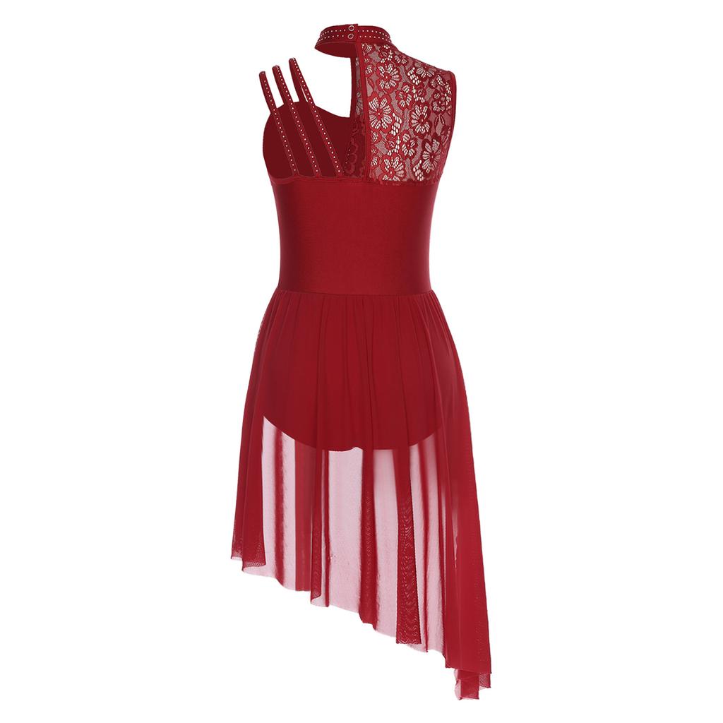 XS-XXL Women's Dance Leotard Floral Lace Rhinestones Irregular Hem Openable Crotch Performance Wear