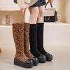 Leopard Print Tall Women's Boots Winter 2025 New Long Boots Rear Zipper Thick Muffin Bottom Elastic Boots Thin Fashion