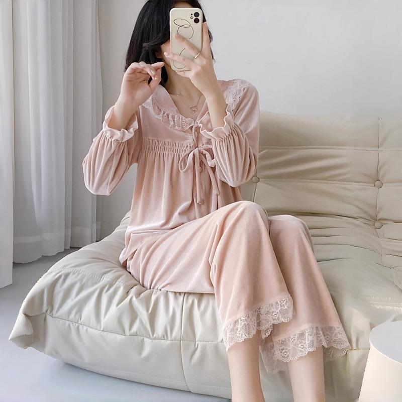 Golden velvet pajamas set new women's autumn and winter long-sleeved trousers lace lace air conditioner clothes cardigan loungewear