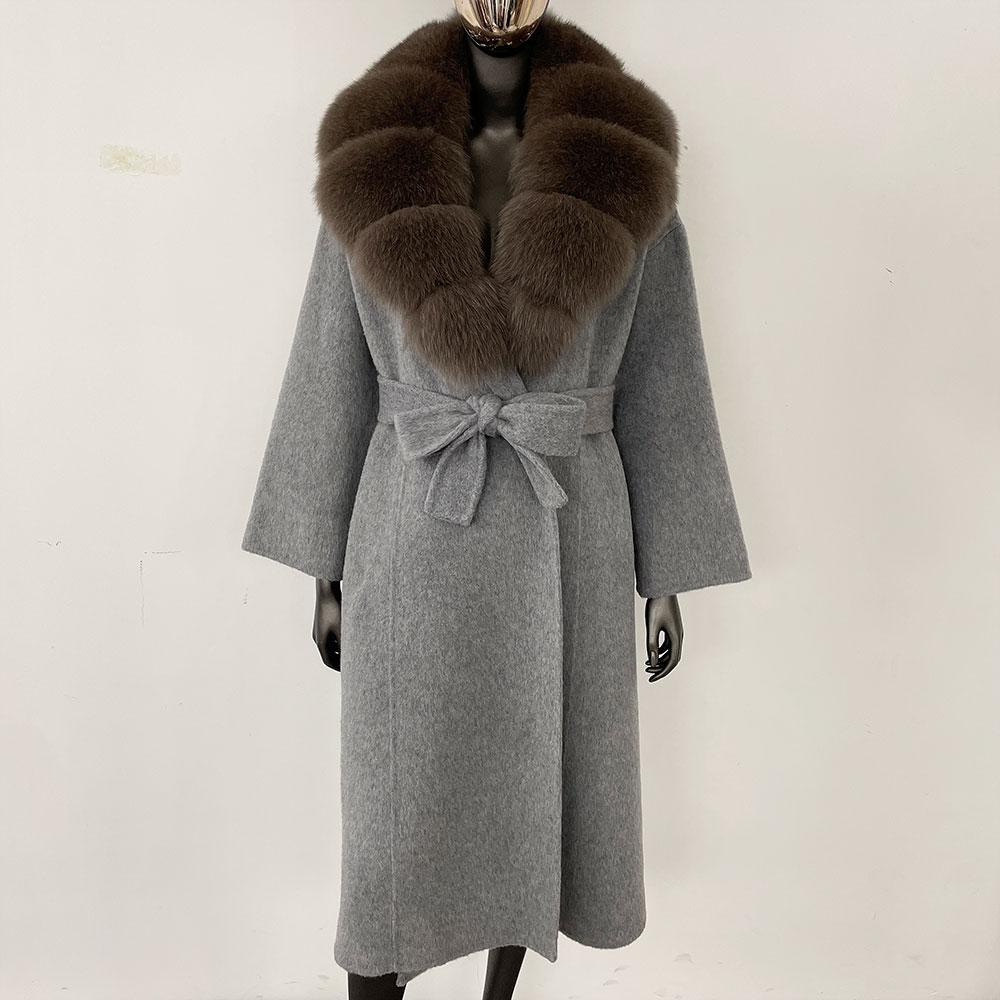 OFTBUY Kabát z pravé kožešiny 2024 Nadměrný dámský svrchní oděv Zimní dámská bunda s límcem z přírodní liščí kožešiny Kapuce Kašmírová vlněná směs Kabát