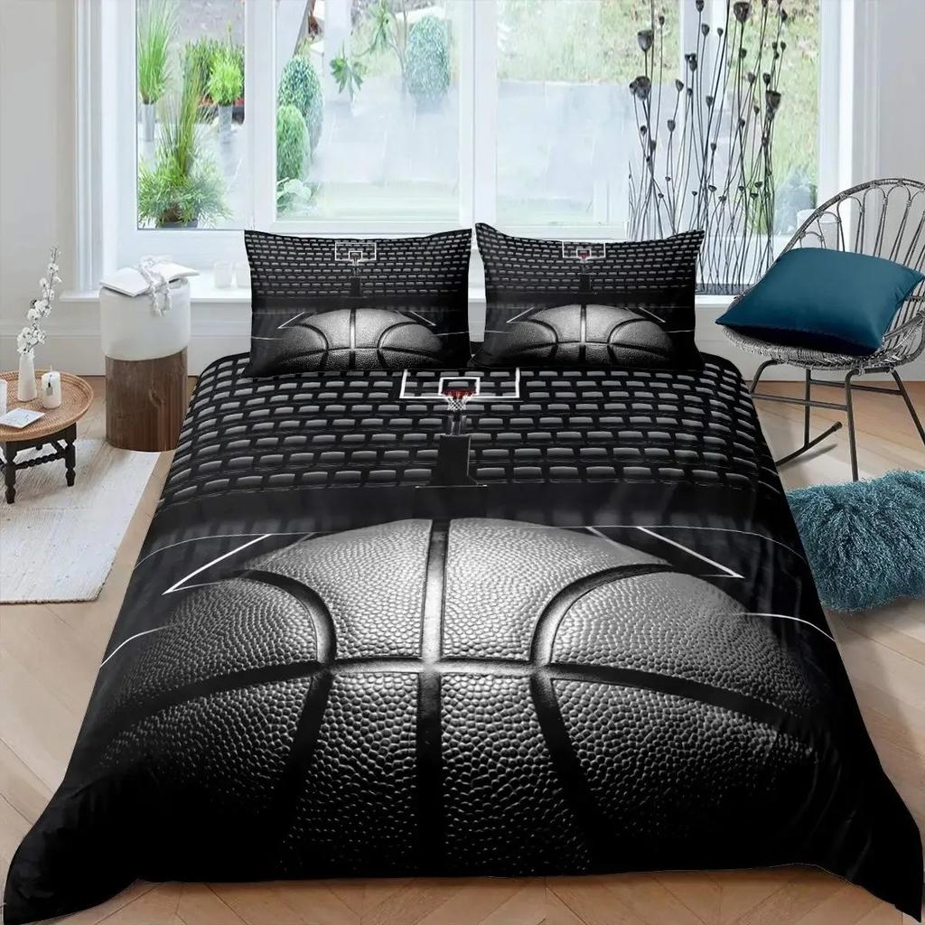 Boys Basketball Duvet Cover Set Black 3D Ball Sports Bedding Set For Boys Men Basketball Court Competitive Games Comforter Cover