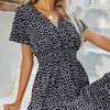 Women Polka Dot Chiffon Midi Dress Short Sleeve V Neck Flowy Dress Bohemian Summer Beach Sundress with Elastic Waist