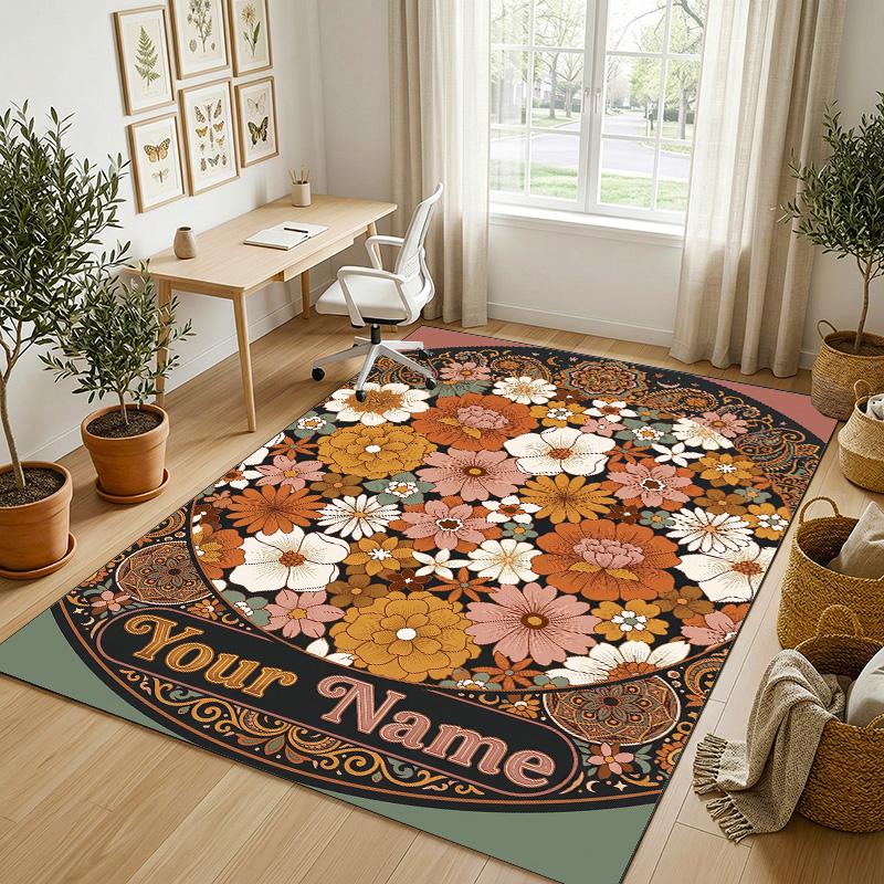 Floral Theme Soft Crystal Velvet Rug Custom Name & Text Print Non Slip Floor Rug for Bedroom Living Room